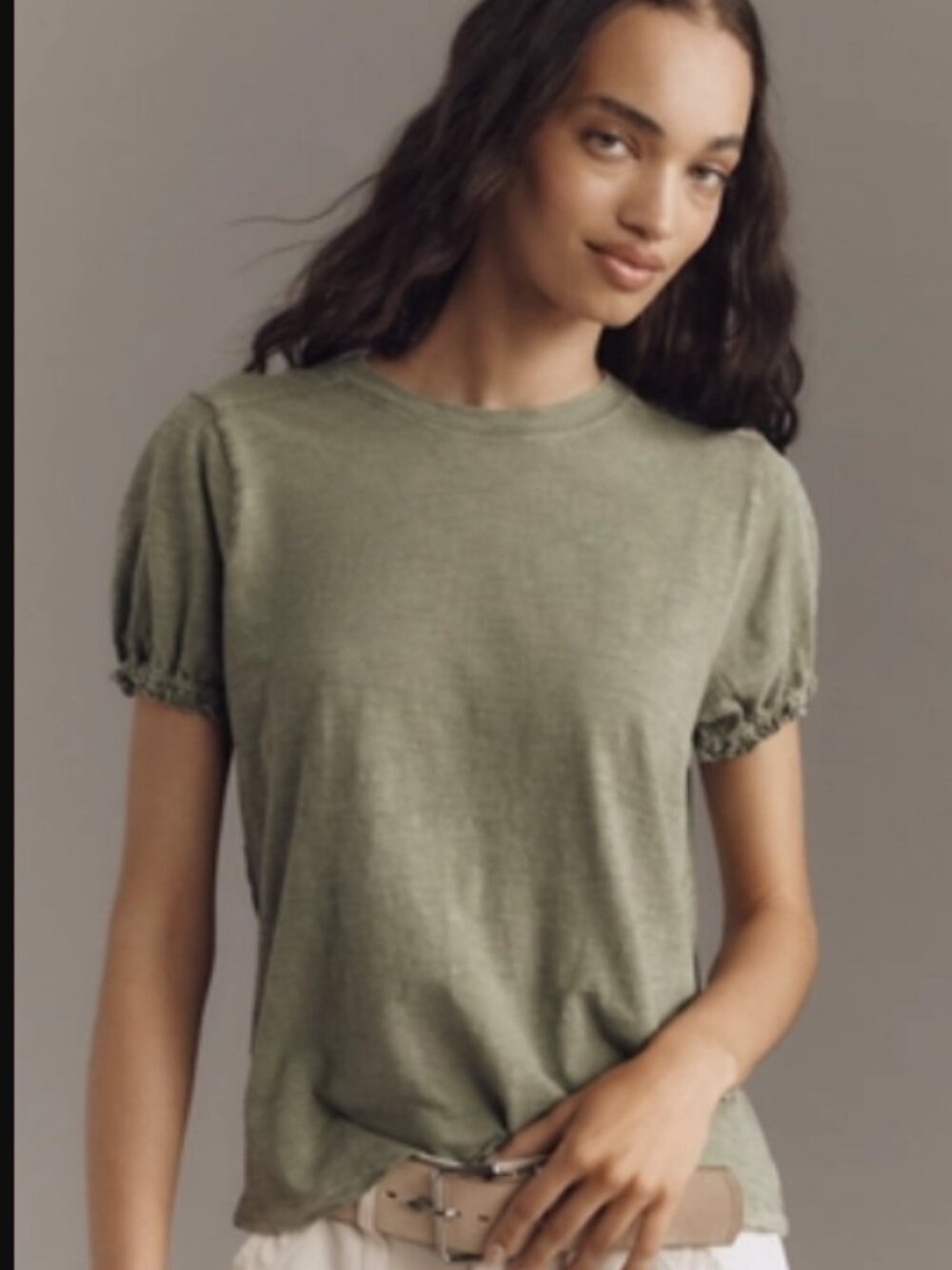 NWT Anthropologie Pilcro Bennie Cotton Slim Puff Sleeve Tee in Olive Green